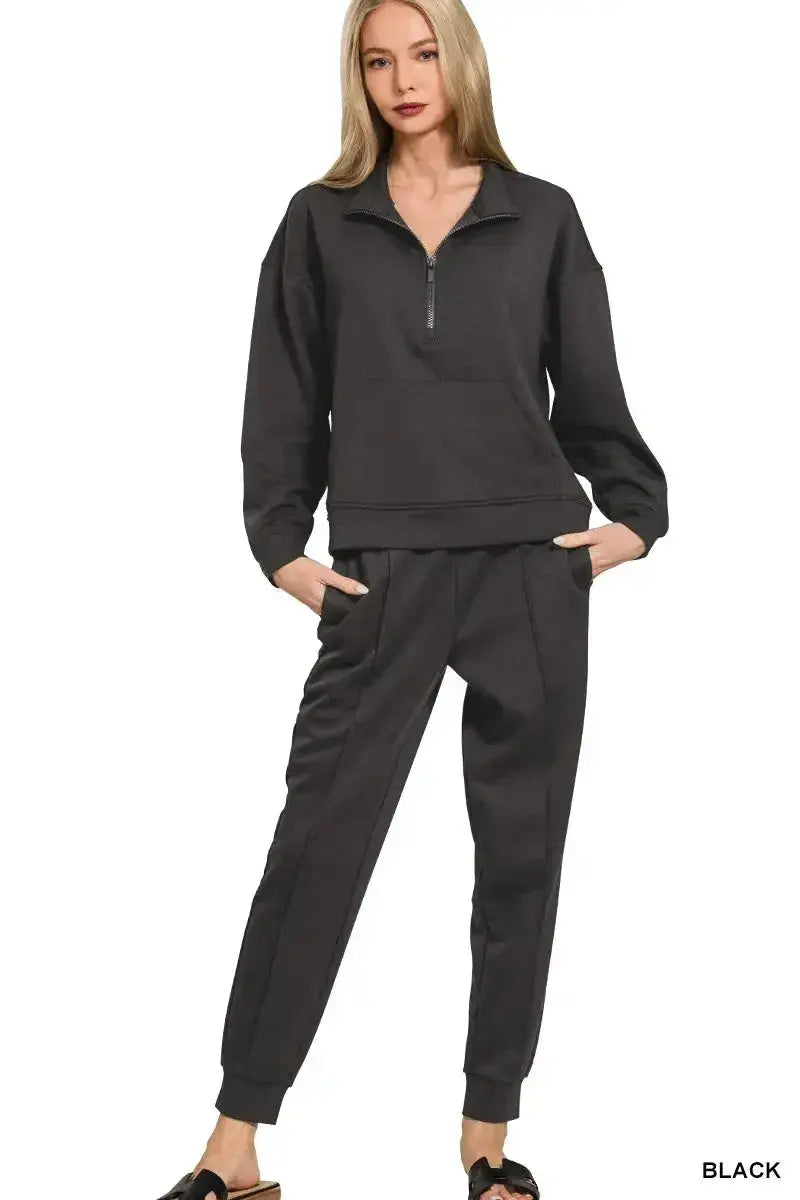 Women’s plush fashion hub half-zip sweatshirt and joggers lounge set, comfortable sweatsuit for casual wear.