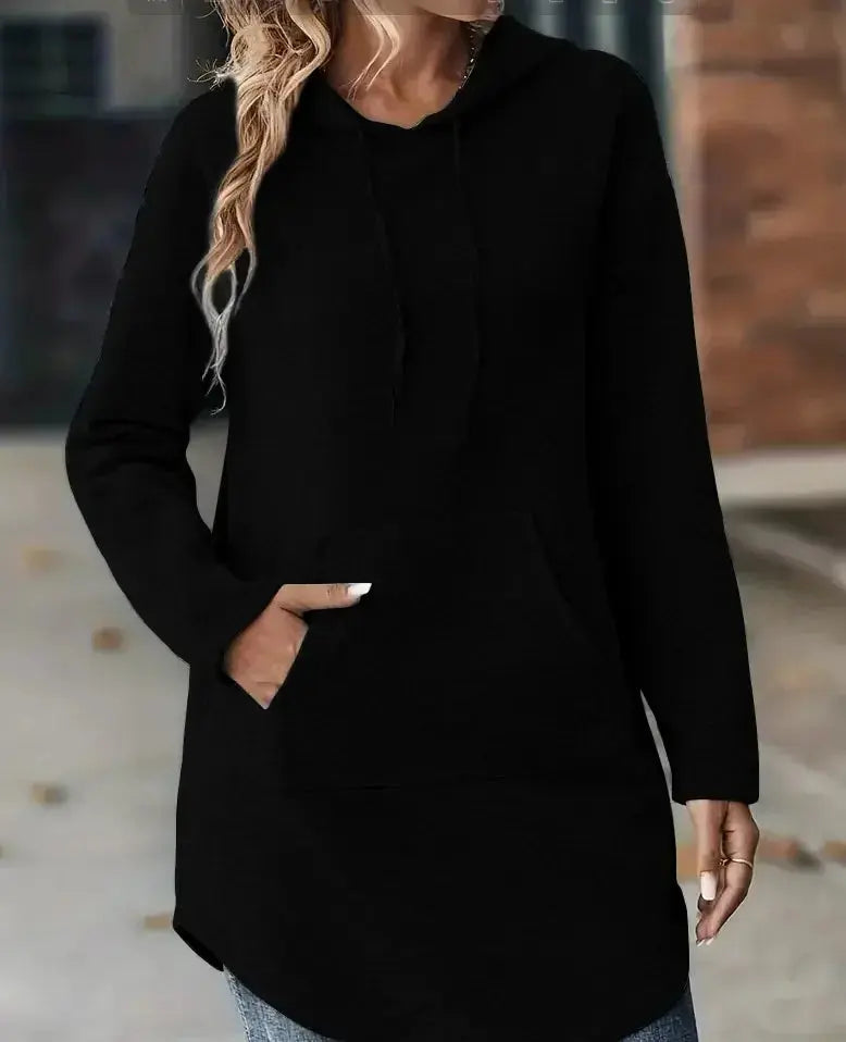 Women’s solid long-sleeve casual sweatshirt hoodie by Plush Fashion Hub, shown in a relaxed fit with a hood and soft fabric.