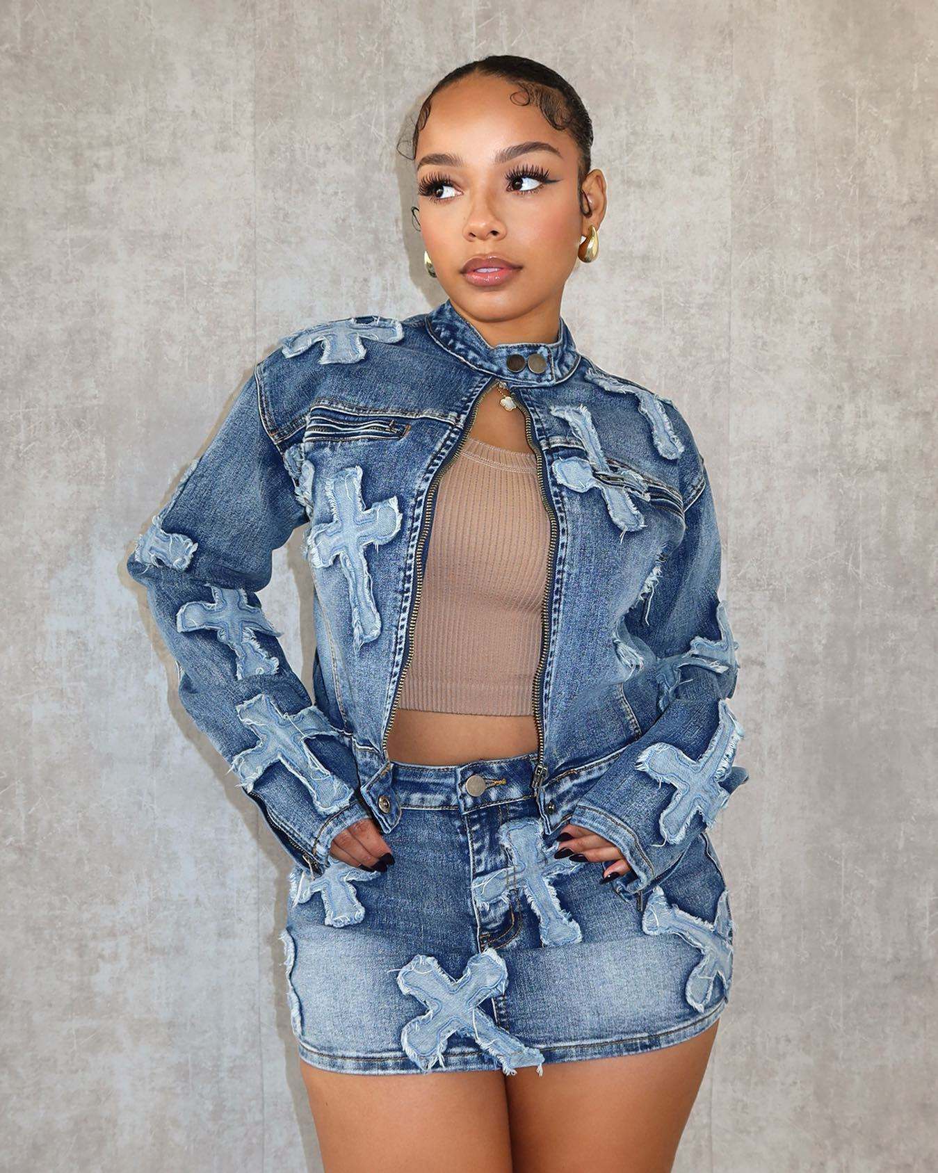 Denim StyleElevate your wardrobe and make a statement with our Denim Style Embroidered Short Skirt Jacket Suit. This retro-style suit exudes artistry with its intricate embroidJan skirt suitPlush Fashions ShopPlush Fashion Shop