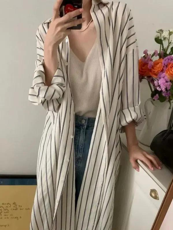 Lapel Contrast Striped Loose Shirt Dress Plush Fashion Hub