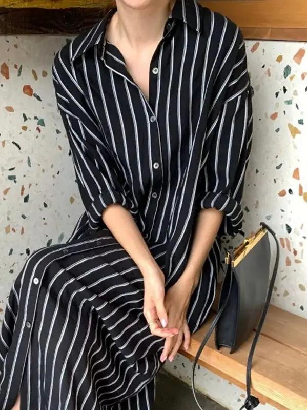 Lapel Contrast Striped Loose Shirt Dress Plush Fashion Hub