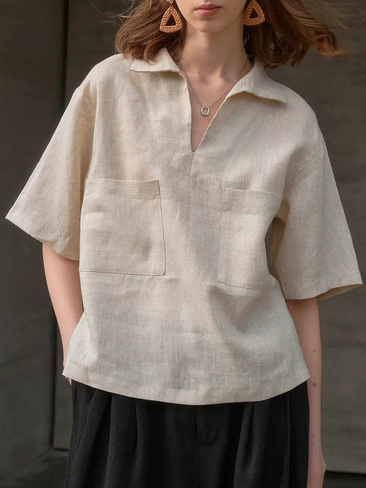Lapel Linen Short Sleeve Shirt Plush Fashion Hub