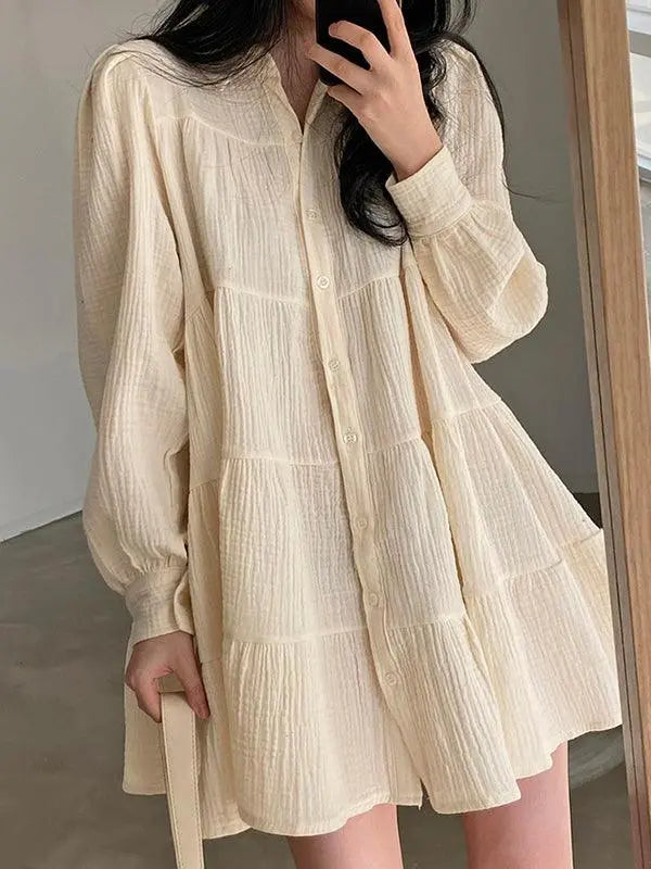 Lapel Pleated Loose Puff Sleeve Short Shirt Dress Plush Fashion Hub