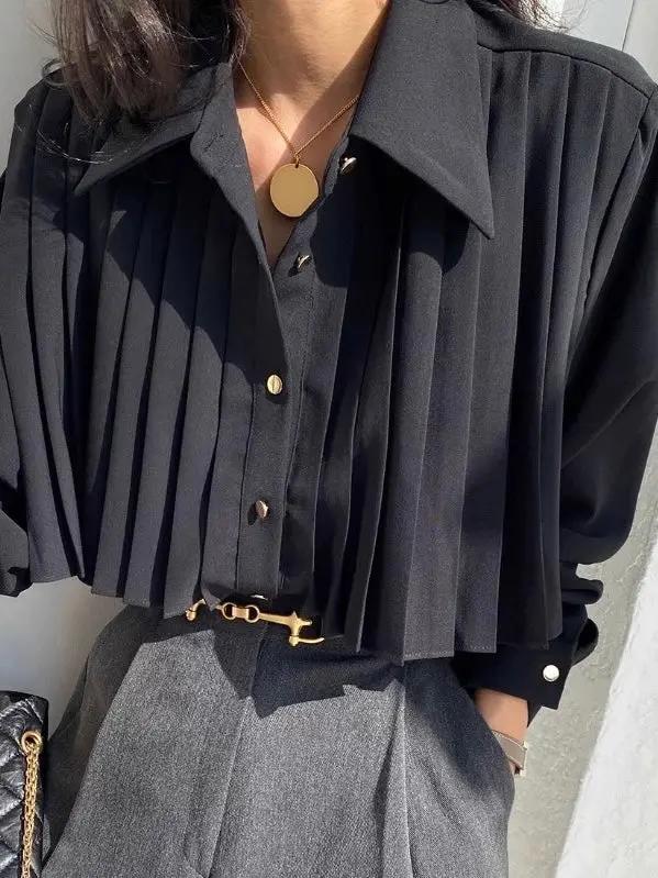 Lapel Single Breasted Pleated Long Sleeve Shirt PAINEVIDA