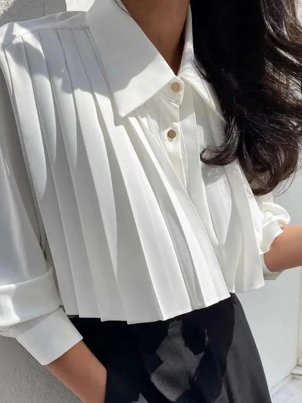 Lapel Single Breasted Pleated Long Sleeve Shirt PAINEVIDA