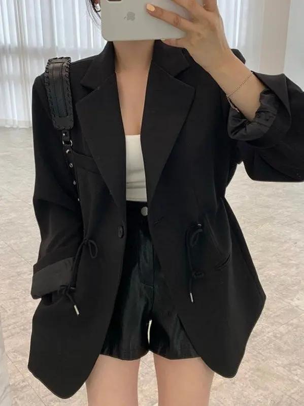 Lapel Single Button Drawstring Waist Blazer Jacket Plush Fashion Hub