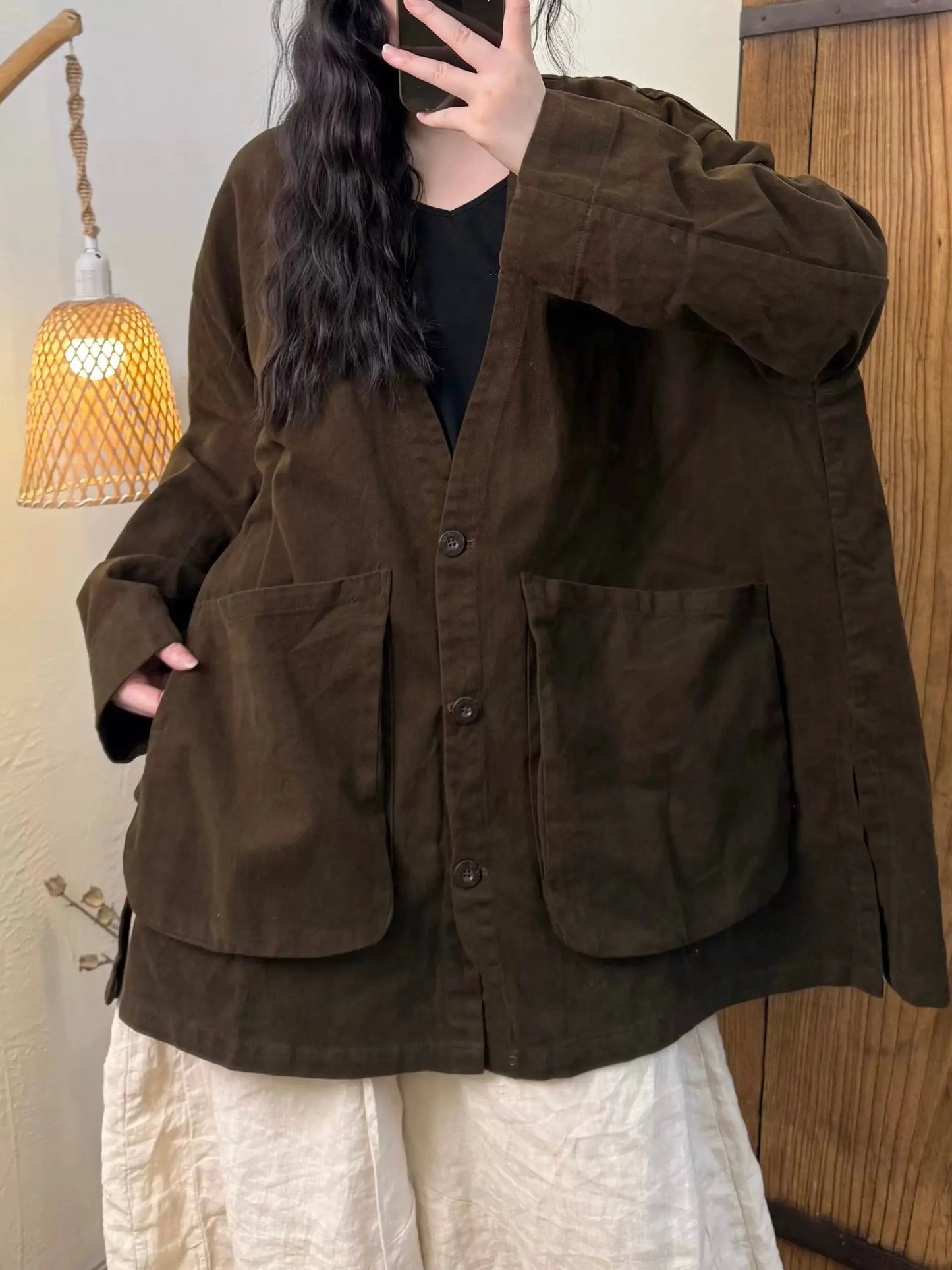 Large Pocket V-Neck Buttoned Snowflake Fleece Jacket Plush Fashion Hub