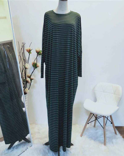 Large Women's Fashion Comfortable Bat Long Sleeve Stripe Casual Long Dress - Plush Fashion Shop #