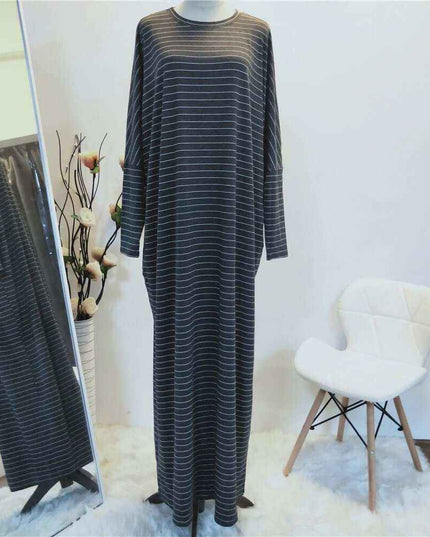 Large Women's Fashion Comfortable Bat Long Sleeve Stripe Casual Long Dress - Plush Fashion Shop #