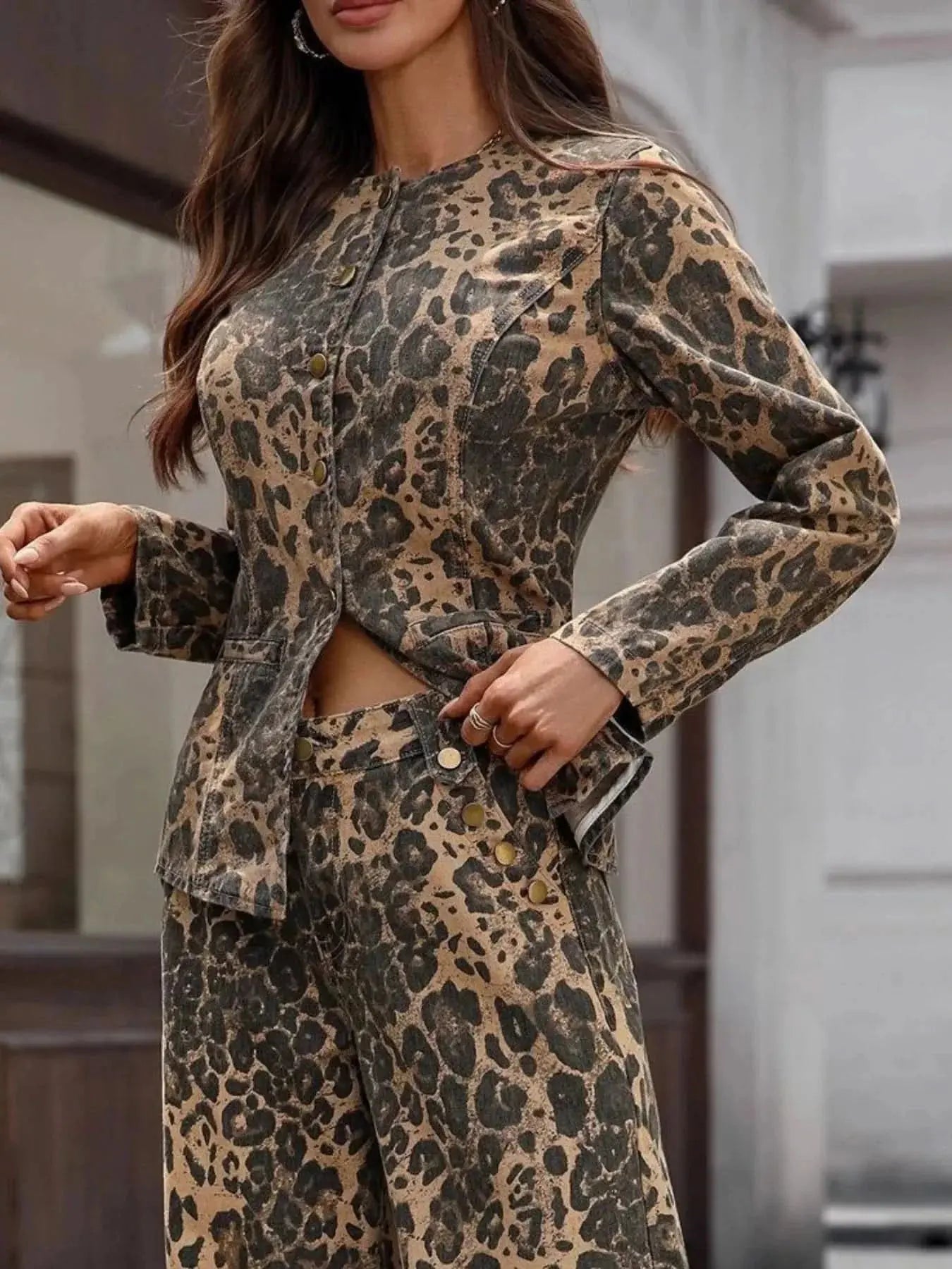 Leopard Button Up Long Sleeve Denim Shirt Slightly Stretchy Gilded Glamour Shop