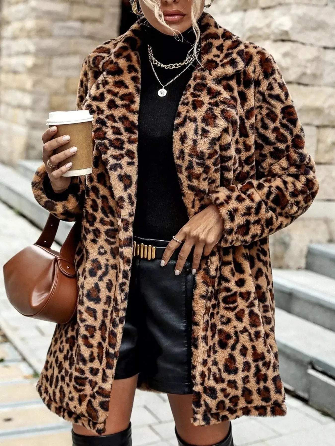 Leopard Print Faux Fur Longline Coat - Plush Fashion Hub