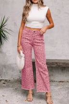 Leopard print high-waisted wide-leg jeans with frayed hem, stylish trendy denim by Trendsi.