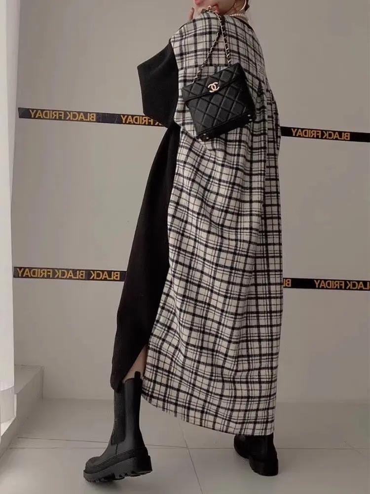Letter Print Patchwork Contrast Plaid Dress Plush Fashion Hub