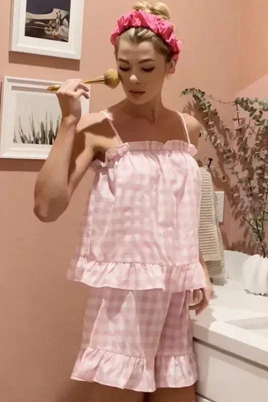 Lime 'N' Chili Gingham Ruffle Trim Cami and Shorts Pajama Set - Plush Fashion Hub