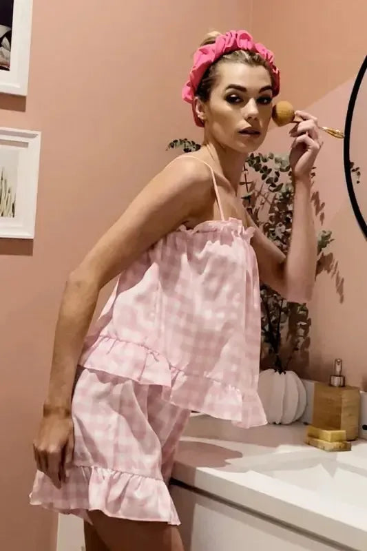 Lime 'N' Chili Gingham Ruffle Trim Cami and Shorts Pajama Set - Plush Fashion Hub