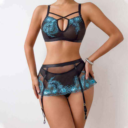 Three-piece black hollow-out lingerie set with breathable mesh fabric.