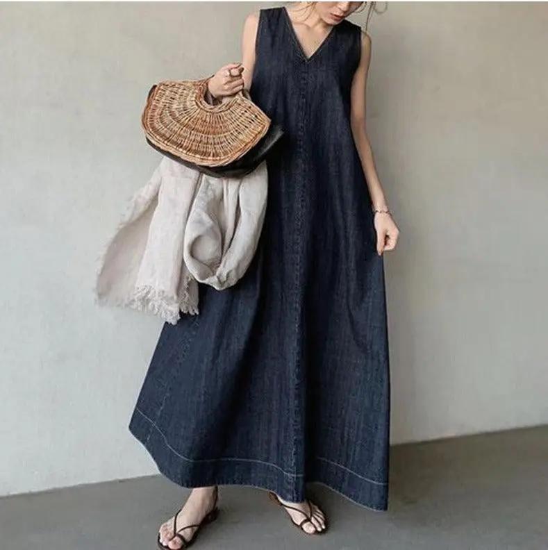 Literary Denim Tie Back V-Neck Long Dress Plush Fashion Hub