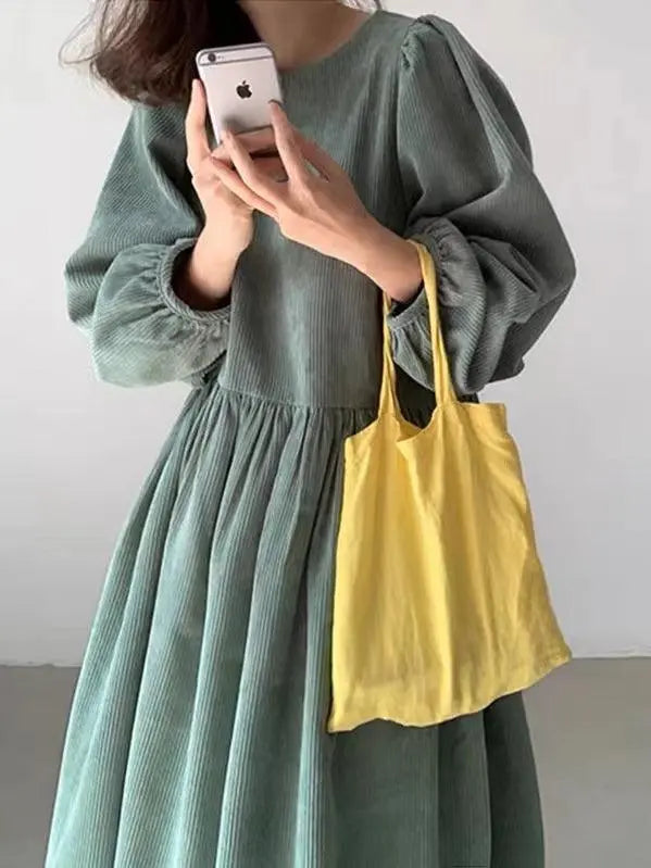 Loose Pleated High Waist Puff Sleeve Corduroy Dress Plush Fashion Hub