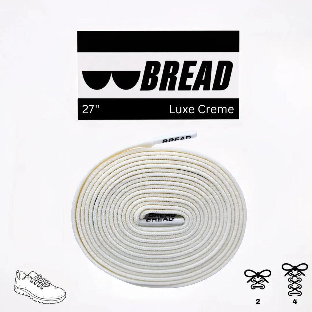 Elastic shoelaces in Luxe Creme by Bread, with a close-up of the flexible, stylish laces on a shoe.