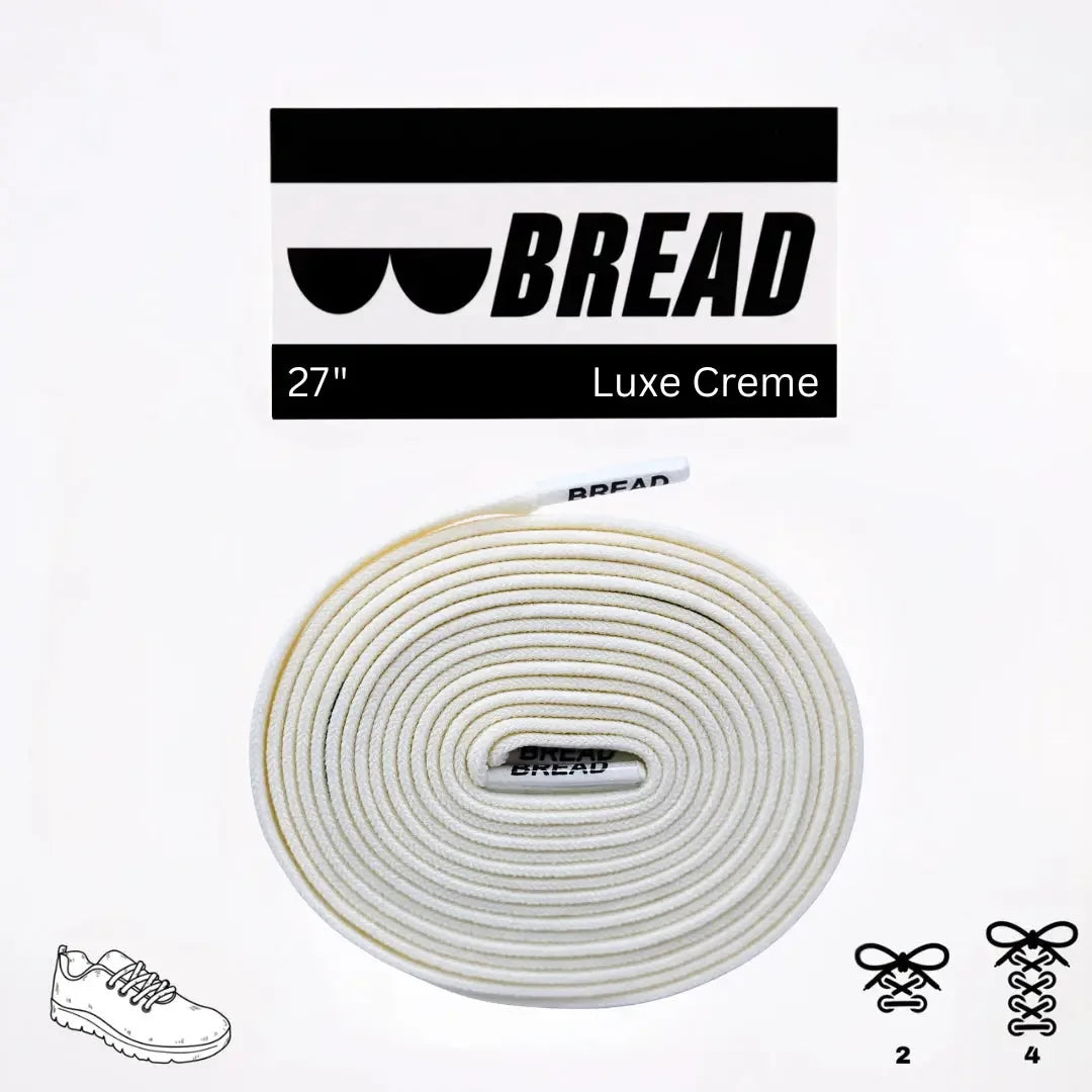 Elastic shoelaces in Luxe Creme by Bread, with a close-up of the flexible, stylish laces on a shoe.