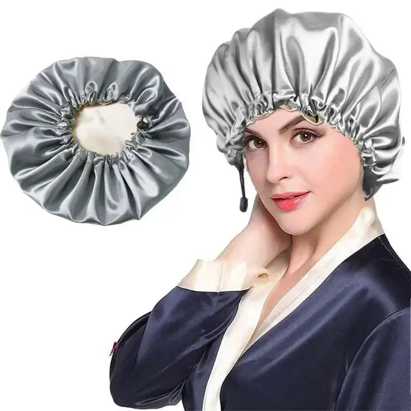 Luxury silk satin dual-use hair bonnet and shower cap by Plush Fashion Hub, designed for scalp protection and hair care.