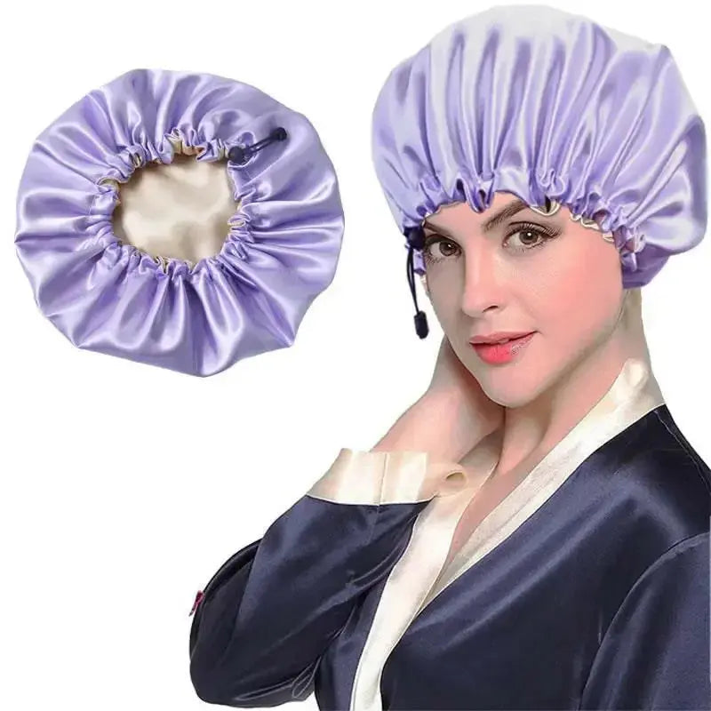 Luxury silk satin hair bonnet and shower cap by Plush Fashion Hub, dual-use design for scalp protection and hair care.