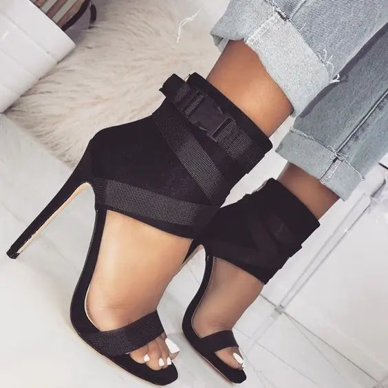 Leather peep-toe strappy high heels for women by Plush Fashion Hub, stylish summer shoes with a sleek design and open toe detail.