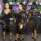 Plus size black lace bodycon dress for women, stylish and fitted, from Trendy Attic Store01, perfect for formal or evening wear.