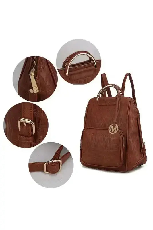 Plush Fashion Hub Mia Signature vegan leather backpack with gold-tone hardware, stylish and trendy for everyday use.