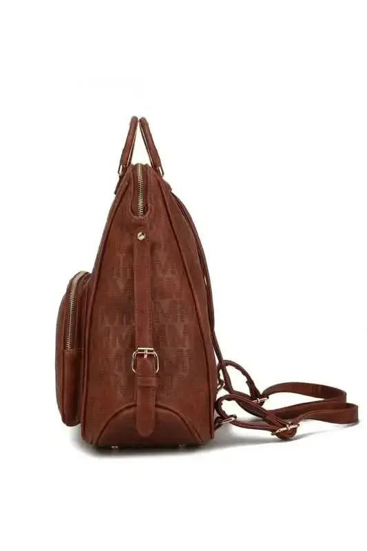 Plush Fashion Hub Mia Signature vegan leather backpack with gold-tone hardware, stylish and trendy for everyday use.
