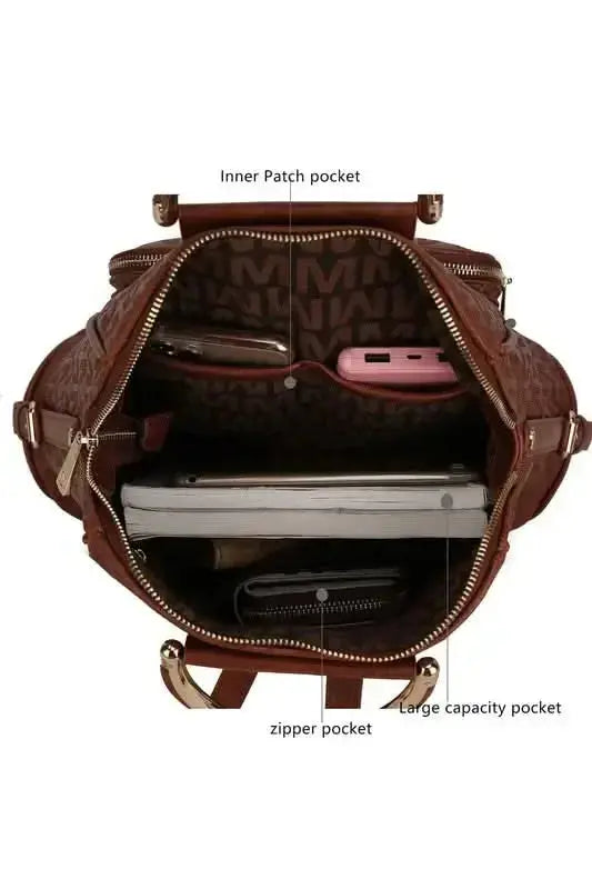 Plush Fashion Hub Mia Signature vegan leather backpack with gold-tone hardware, stylish and trendy for everyday use.