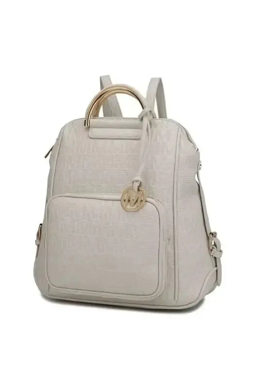 Gilded Glamour Shop Mia Signature vegan leather backpack with sophisticated gold-tone hardware and trendy design.