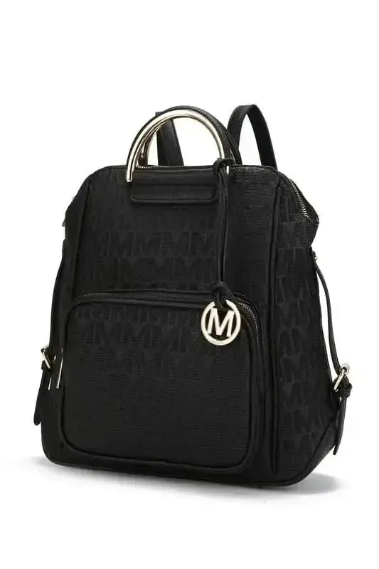 Gilded Glamour Shop Mia Signature vegan leather backpack with gold-tone hardware, trendy design, and sophisticated style.