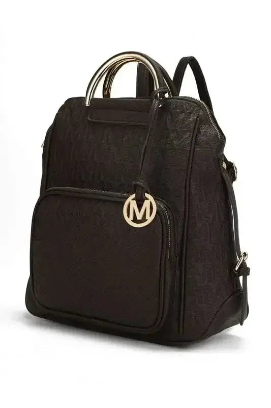 Gilded Glamour Shop Mia Signature vegan leather backpack with gold-tone hardware, trendy design, and sophisticated style.