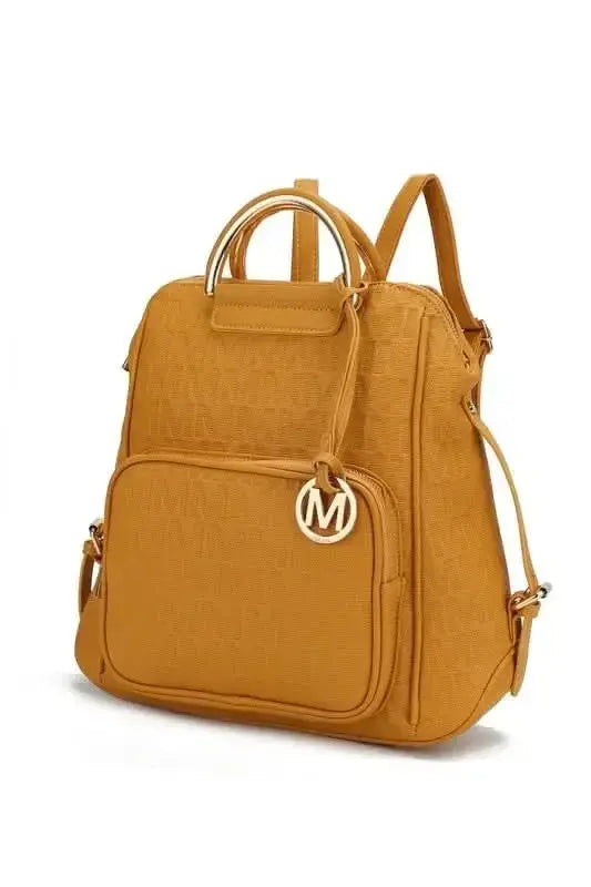 Plush Fashion Hub Mia Signature vegan leather backpack with gold-tone hardware, trendy design and sophisticated style.