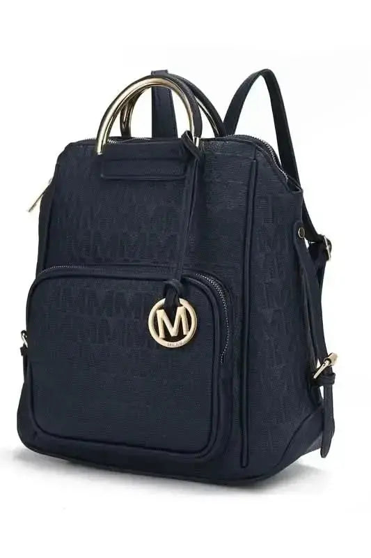 Gilded Glamour Shop Mia Signature vegan leather backpack with sophisticated gold-tone hardware, trendy design, and spacious interior.