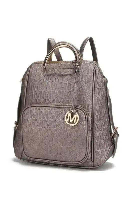Gilded Glamour Shop Mia Signature vegan leather backpack with gold-tone hardware, stylish and trendy for everyday use.