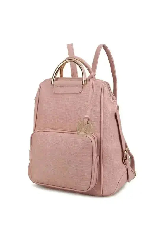 Plush Fashion Hub Mia Signature vegan leather backpack with gold-tone hardware, trendy design, and sophisticated style.