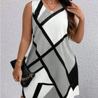 Women’s sleeveless V-neck dress with geometric print, stylish fashion piece from Trendy Attic Store01