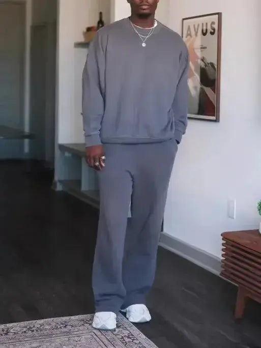 Men's casual crew neck sweatshirt and jogger pant set by Plush Fashion Hub, comfortable loungewear for everyday wear.