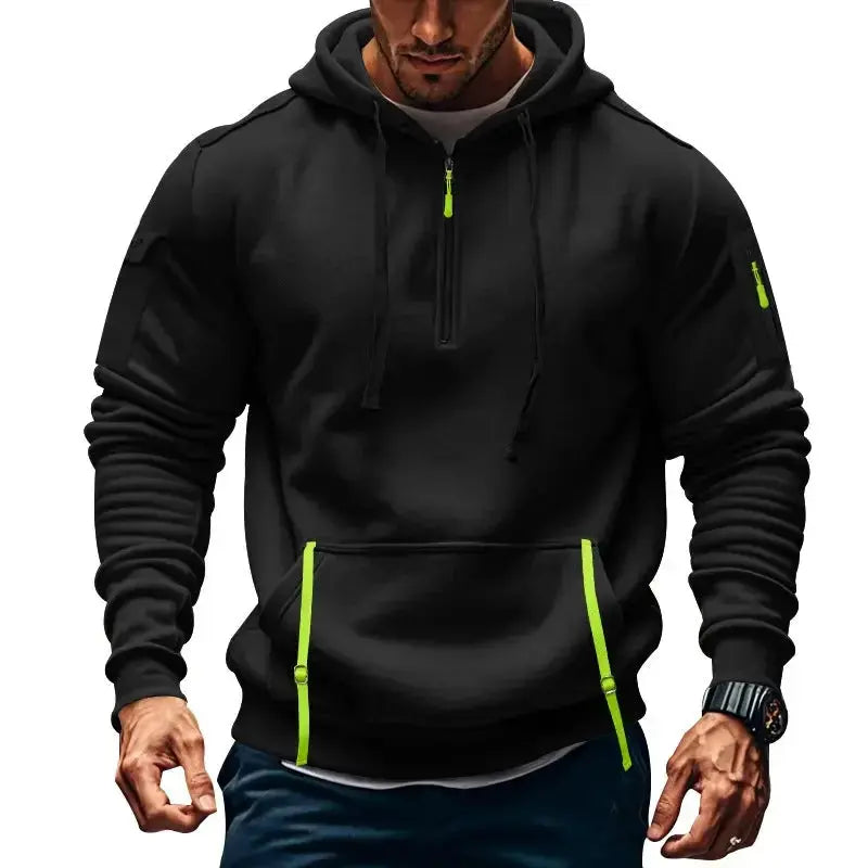 Men's techwear pullover hoodie with multi-zipper arm pockets, made by Plush Fashion Hub, urban utility sweatshirt for casual wear.