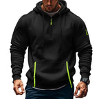 Men's techwear pullover hoodie with multi-zipper arm pockets, made by Plush Fashion Hub, urban utility sweatshirt for casual wear.