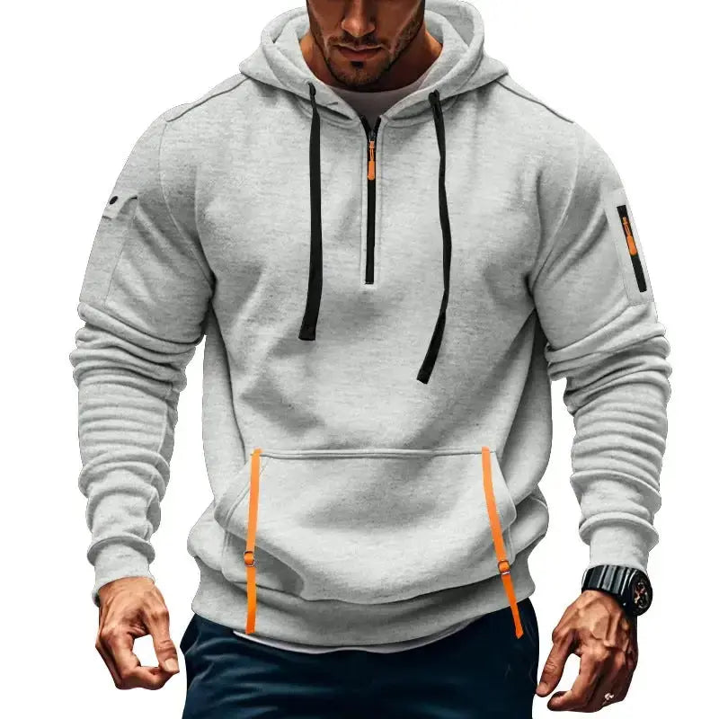 Men's multi-pocket techwear hoodie with zipper arm pockets, casual urban sweatshirt by Plush Fashion Hub.
