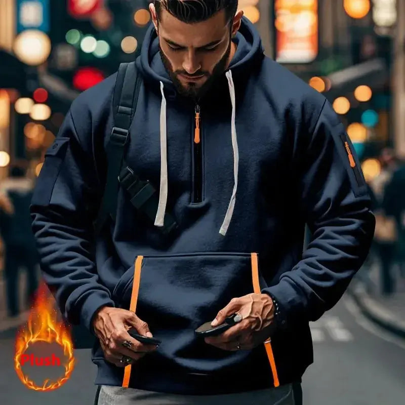 Men's techwear pullover hoodie with multi-zipper arm pockets, urban style, from Plush Fashion Hub.