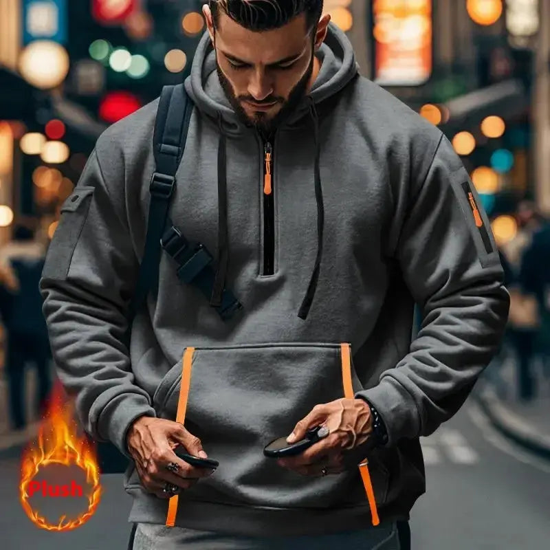 Men's multi-pocket techwear hoodie with zipper arm pockets, casual urban utility sweatshirt by Plush Fashion Hub.