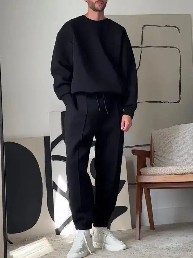Men's casual cotton long sleeve sweatshirt and elastic waist pants set from Plush Fashion Hub, comfortable loungewear outfit.