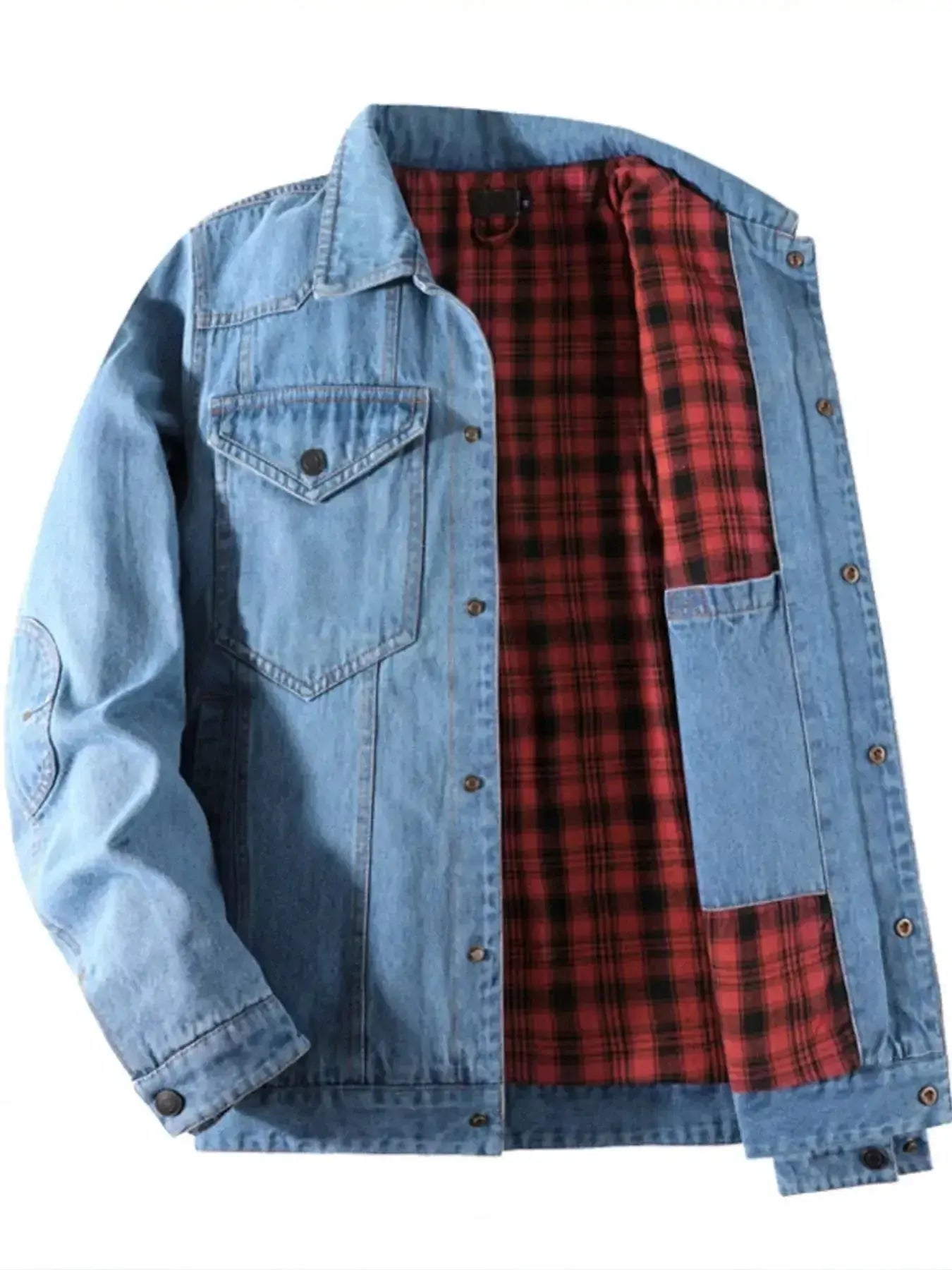 Men's casual denim jacket with snap-down front, lightweight and versatile outerwear by Trendsi, shown on a male model.