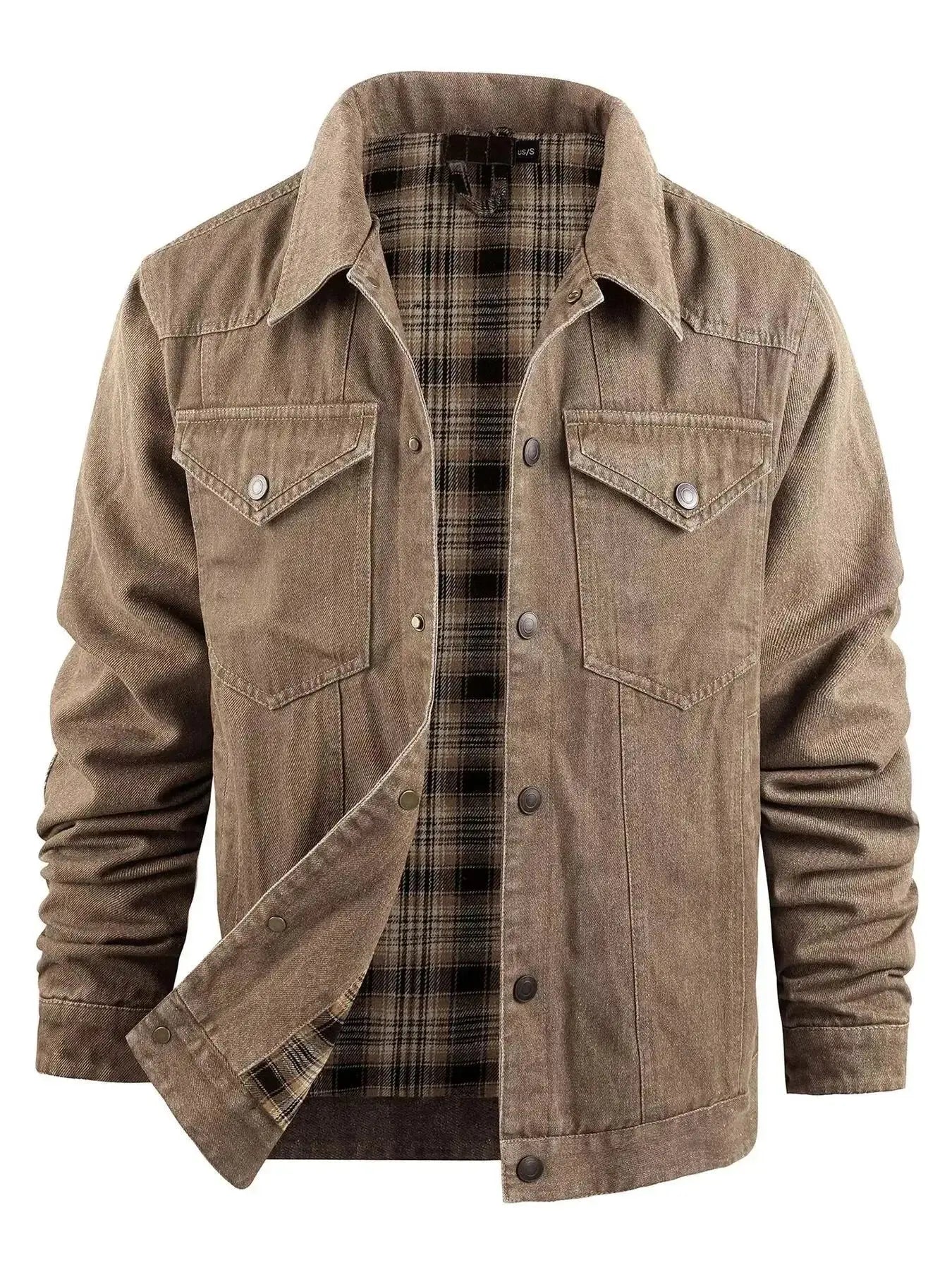 Men's casual snap-down denim jacket by Trendsi, lightweight and versatile denim outerwear, shown on a male model.
