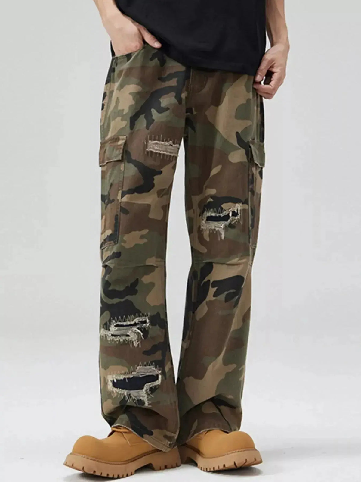 Men's distressed camouflage cargo pants by Plush Fashion Hub, rugged cotton streetwear utility pants with a rugged, stylish camo design