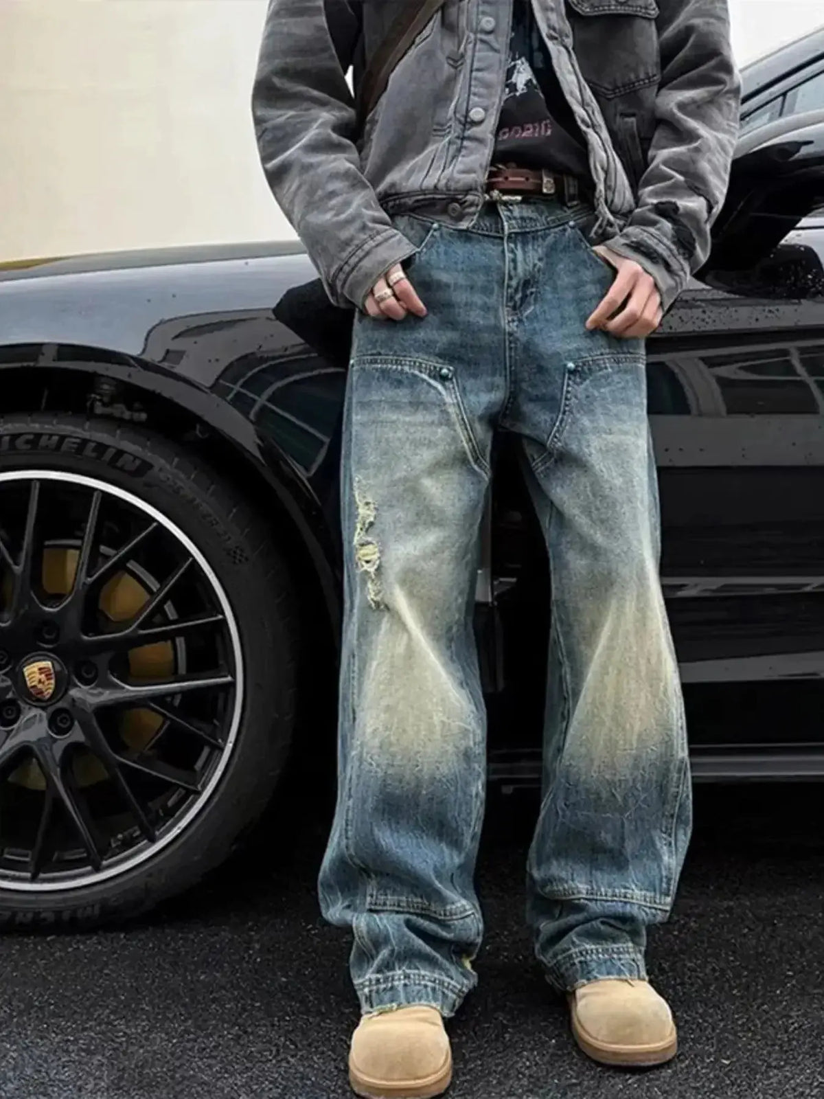 Men's distressed wide leg jeans from Plush Fashion Hub with a comfortable, relaxed fit and classic denim appearance.